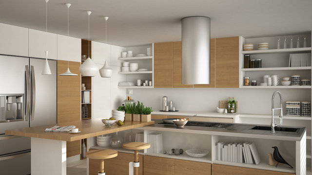 Modern wooden kitchen with wooden details, close up, island with stools, white minimalistic interior design
