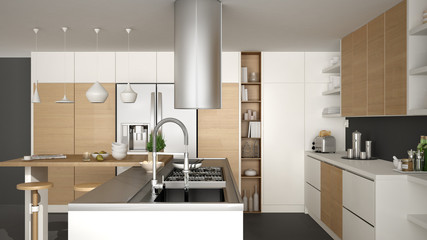 Modern wooden kitchen with wooden details, close up, gas stove with cooking pan, white and gray minimalistic interior design