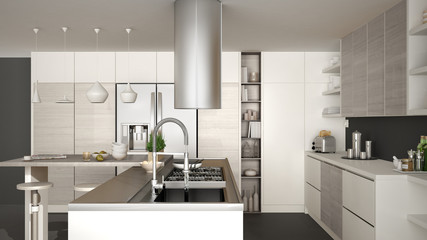 Modern wooden kitchen with wooden details, close up, gas stove with cooking pan, white and gray minimalistic interior design