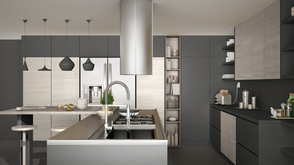 Modern wooden kitchen with wooden details, close up, gas stove with cooking pan, white and gray minimalistic interior design