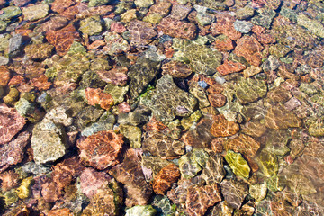 Colorful multicoloured rocks and pebbles under crystal clear shallow water