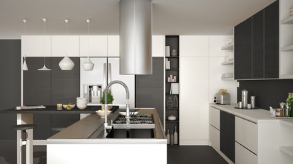 Modern wooden kitchen with wooden details, close up, gas stove with cooking pan, white and gray minimalistic interior design