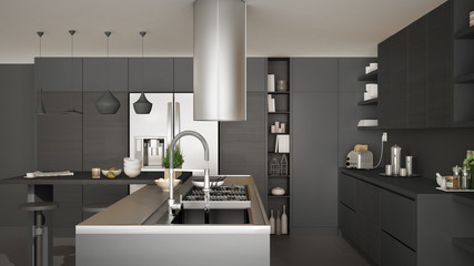 Modern wooden kitchen with wooden details, close up, gas stove with cooking pan, white and gray minimalistic interior design