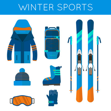 Winter sport icons collection. Skiing and snowboarding set equip