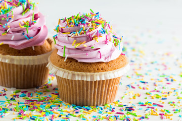Closeup of cupcakes with vanilla, berries, pink and white cream, chocolate and sprinkles on wooden background. Selective focus. Sweet dessert tasty food concept muffin