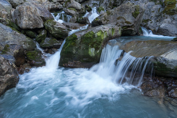 Mountain river and stones landscape natural environment. Hiking in the alps. Grawa Waterfall in Stubai Valley, Tyrol, Austria