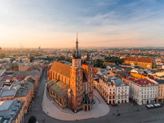 Peel and stick wall murals Krakau Krakow Market Square from above, aerial view of old city center view in Krakow at morning time, main square, famous cathedral in sun light