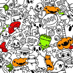Halloween hand drawn doodle pattern. Colored vector sketch background.