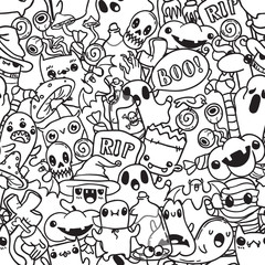 Halloween cartoon hand drawn doodle pattern. Black contour background.