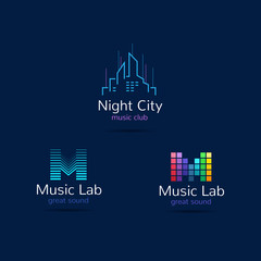 Music club logo templates. Creative equalizer music studio brand signs and night city sign. Vector music production logotypes set