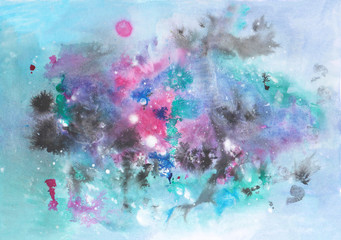 Obraz na płótnie Canvas Abstract watercolor texture in bright colors with splashes and ink blots. Space background.