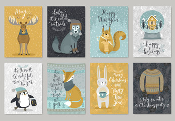 Christmas animals card set, hand drawn style.