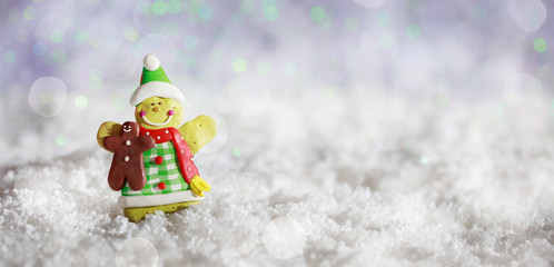 Snowman on Christmas snowy bokeh background