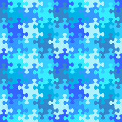 Seamless (you see 4 tiles) jigsaw puzzle pattern, background, print, swatch or wallpaper with whimsically shaped pieces of water or winter blue colors