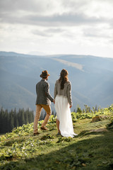 Newlyweds walk and hold hands in mountains.