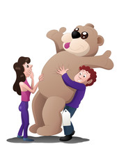 illustration of a shopping boy buy giant doll on isolated white