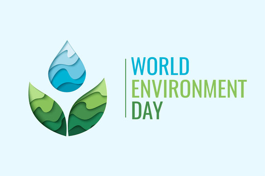 World Environment Day - vector abstract waterdrop concept. Save the water - ecology concept background with paper cut water drop and green leaves