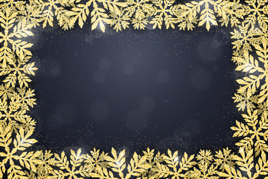 Merry Christmas and Happy New Year greeting card with gold glittering snowflakes frame on dark background. Winter seasonal holiday background