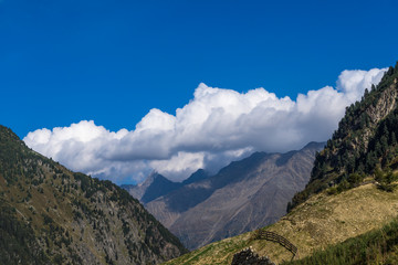 Fototapeta premium Mountains and peaks landscape. Stubaier Gletscher covered with glaciers and snow, natural environment. Hiking in the Stubai Alps. Ski resort in Tirol, Austria, Europe