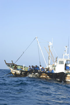 漁船の上で網を引き上げる漁師たち