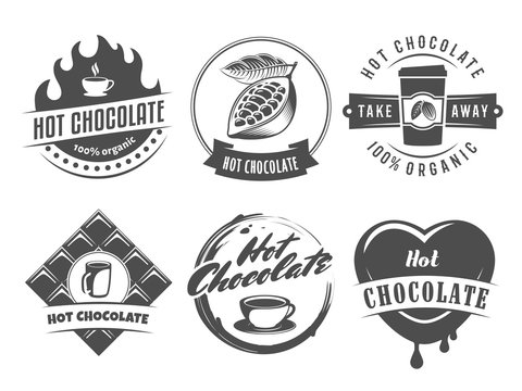 Vector hot chocolate logos. Cacao drink badges. Set of vintage stickers for cafe, bar or restaurant