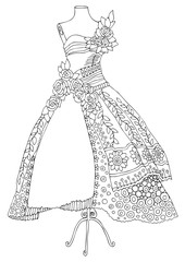 Hand drawn dress. Fashion tips. Sketch for anti-stress adult coloring book in zen-tangle style. Vector illustration  for coloring page.
