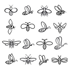 Honey Bee Icons. Honey bee set. Vector. Set of honey and bee labels for honey logo products. Isolated insect icon. Flying bee. Flat style vector illustration.
