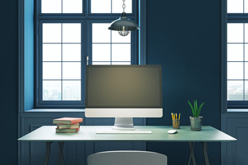 Fototapeta premium Creative desktop with blank computer