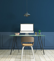 Workplace in modern blue interior