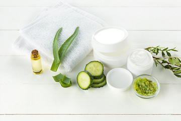 Fototapeta na wymiar Cucumber and aloe cosmetic cream face, skin and body care hygiene moisture lotion