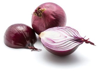 One whole red onion bulb and two halves isolated on white background.