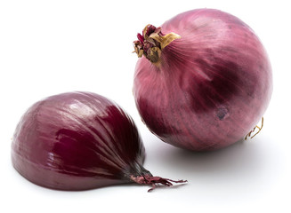 One whole red onion bulb and a half isolated on white background.