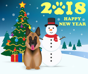 Happy New 2018 Year concept. Dog is symbol Chinese zodiac of new 2018 year and Snowman. Christmas tree with gifts. Vector illustration.