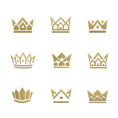 Real Estate Crown. Golden house line icon. Can be used for realty estate, apartment, residential property or hotel logo template.
