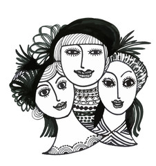 Portrait of a hand drawn women in hats on a white background.