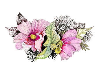 Hand drawn watercolor pink flower isolated on white background.