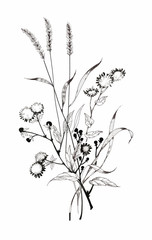 Hand drawn painting with black and white flowers on white background.