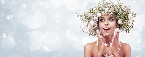 Beauty Fashion Model Girl with Fir Branches Decoration