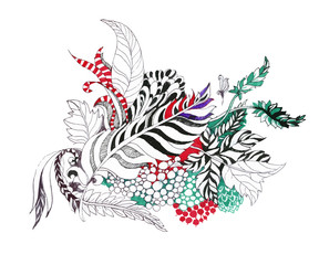 feathers, leaves and berries isolated on white background