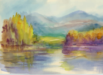 Autumn forest with river watercolor illustration.