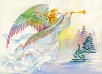 Merry Christmas and New Year Greeting Card with Beautiful Angel with Wings, Watercolor Illustration.
