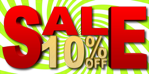 Stock Illustration - Golden 10 Percent Off, Red Sale, Green and White Background, 3D Illustration.