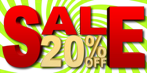 Stock Illustration - Golden 20 Percent Off, Red Sale, Green and White Background, 3D Illustration.