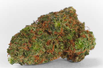 Close up of prescription medical marijuana flower Strawberry Cough sativa strain on white background