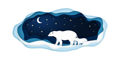 Paper illustration with polar bears going at night on the north pole. Vector illustration.