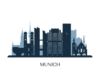 Munich skyline, monochrome silhouette. Vector illustration. - obrazy, fototapety, plakaty