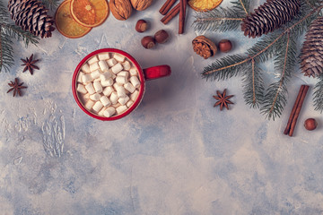 Christmas background with hot cocoa and marshmallow.