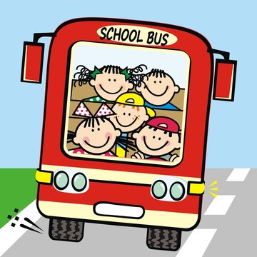 Red school bus and happy kids, funny vector illustration. The coach goes along the way.