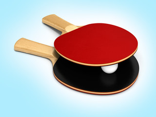 ping-pong rackets and ball on blue gradient background 3d