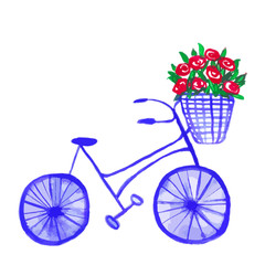 Hand drawn cute bicycle with flowers in basket.Vintage vector illustration 